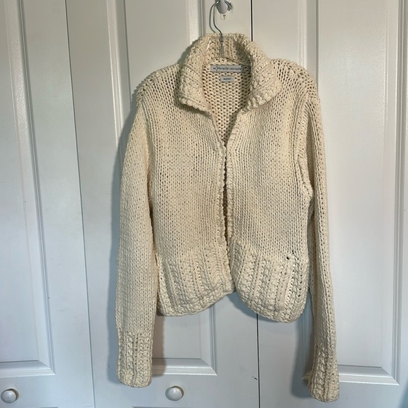 Eastside Westside off white thick, heavy knit cardigan sweater with collar, M - Picture 1 of 7